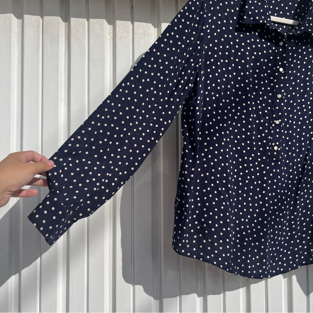 EMERSON FRY navy blue polka dot long puff sleeve button up blouse - Picture 4 of 7